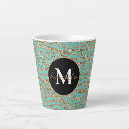 Mint Gold Faux Glitter Zebra Print Latte Mok (Voorkant)