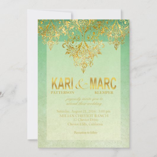 Mint & Gold Gatsby Glitter Flourish Wedding Kaart (Voorkant)