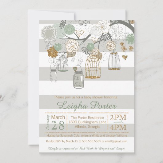 Mint Gold Glitter Baby shower Mason Jar Bird Cages Kaart (Voorkant)