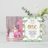 Mint, Gold Glitter First Birthday Photo Invitation Kaart (Staand voorkant)
