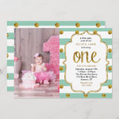 Mint, Gold Glitter First Birthday Photo Invitation Kaart (Voorkant / Achterkant)