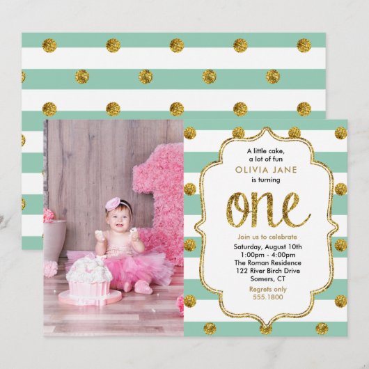 Mint, Gold Glitter First Birthday Photo Invitation Kaart (Voorkant / Achterkant)