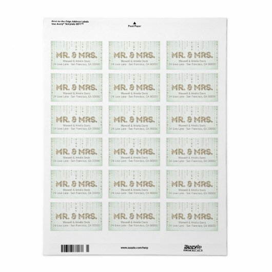 Mint & Gold Glitter Look Mr & Mrs Labels (Full Sheet)