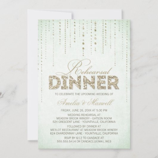 Mint & Gold Glitter-look Rehearsal Dinner Kaart (Voorkant)