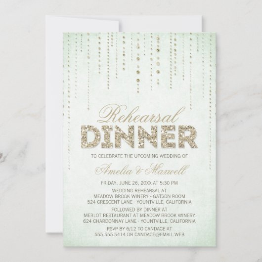 Mint & Gold Glitter look Rehearsal Dinner Uitnodig Kaart (Voorkant)