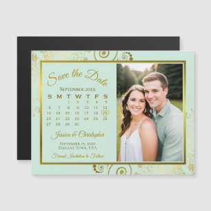 Mint & Gold Kalender & Foto Save the Date Magneet Magnetische Uitnodiging
