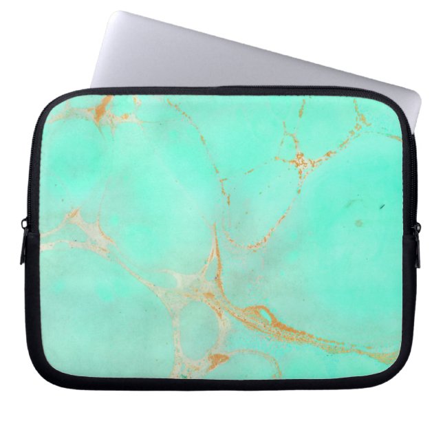 Mint & Gold Marble Abstract Aqua Blauwgroen geverf Laptop Sleeve (Voorkant)