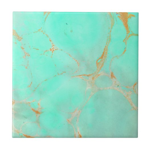 Mint & Gold Marble Abstract Aqua Blauwgroen geverf Tegeltje (Voorkant)