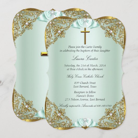 Mint Gold Pearl Damask Cross Baptisme Christening Kaart (Voorkant / Achterkant)