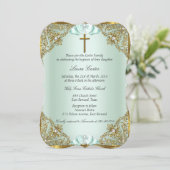 Mint Gold Pearl Damask Cross Baptisme Christening Kaart (Staand voorkant)