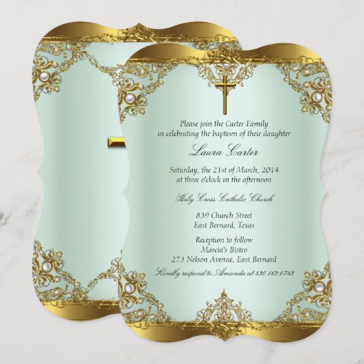 Mint Gold Pearl Damask Cross Baptisme Christening  Kaart (Voorkant / Achterkant)