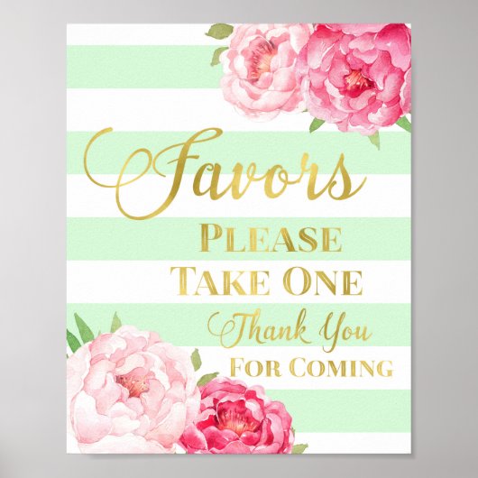 Mint Gold Pink Waterverf Floral Favors Sign Poster (Voorkant)