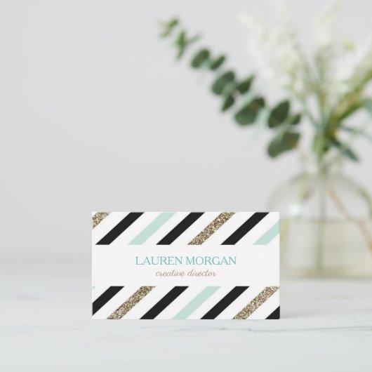 Mint Gold Sparkle Stripes Visitekaartje (Staand voorkant)