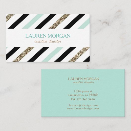 Mint Gold Sparkle Stripes Visitekaartje (Voorkant / Achterkant)
