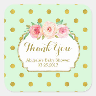 Mint Gold Stippen Bloemen Baby shower Favor Tags Vierkante Sticker