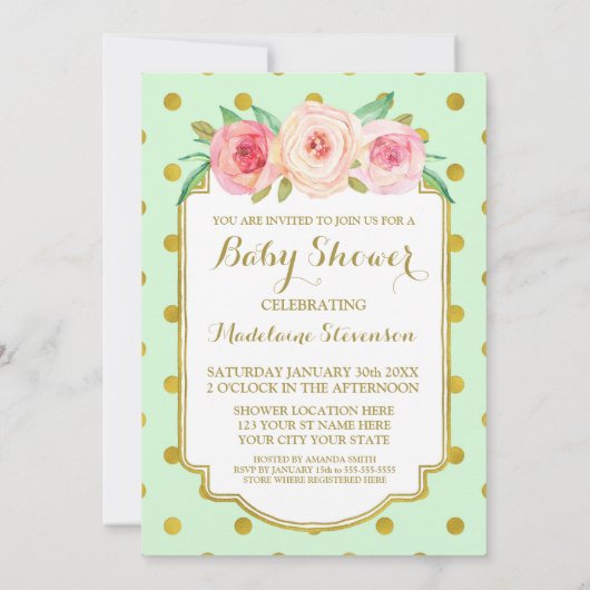 Mint Gold Stippen Waterverf Floral Baby shower Kaart (Achterkant)