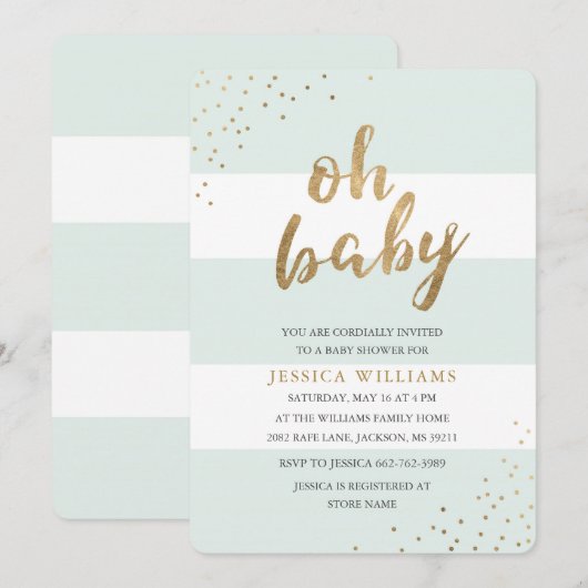Mint & Gold Stripes Confetti Oh Baby shower Uitnod Kaart (Voorkant / Achterkant)