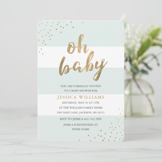 Mint & Gold Stripes Confetti Oh Baby shower Uitnod Kaart (Staand voorkant)