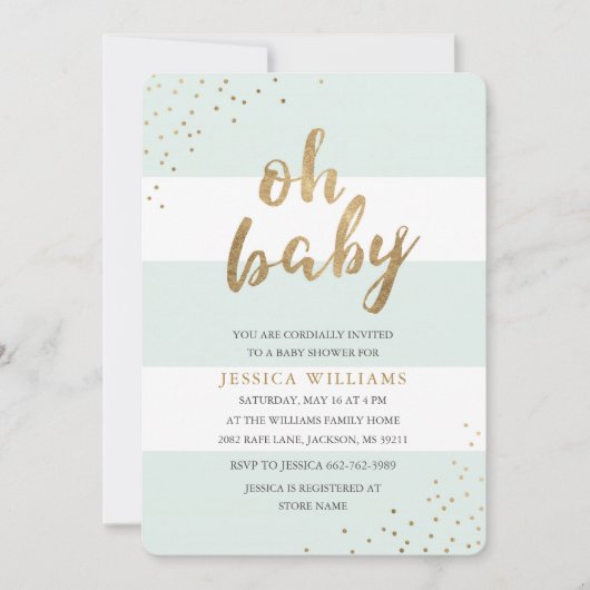 Mint & Gold Stripes Confetti Oh Baby shower Uitnod Kaart (Voorkant)