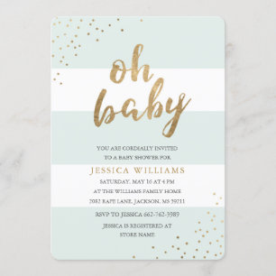 Mint & Gold Stripes Confetti Oh Baby shower Uitnod Kaart