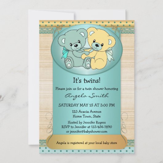 Mint Gold Twin Teddy Bear Baby shower Uitnodiging (Voorkant)