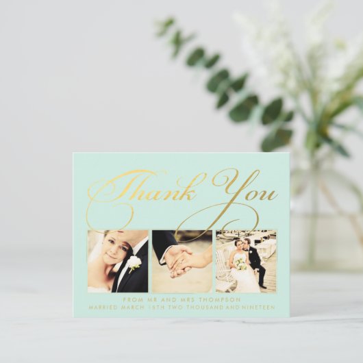 Mint Gold Wedding Bedankt Script Foto Briefkaart (Staand voorkant)