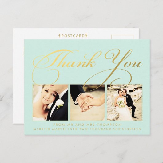 Mint Gold Wedding Bedankt Script Foto Briefkaart (Voorkant / Achterkant)