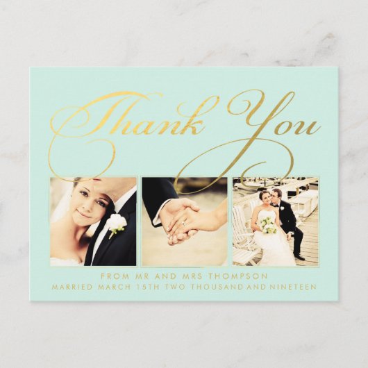 Mint Gold Wedding Bedankt Script Foto Briefkaart (Voorkant)