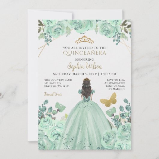 Mint Goud Bloemen Prinses Quinceañera Quince Kaart (Voorkant)