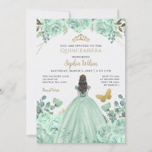 Mint Goud Bloemen Prinses Quinceañera Quince Kaart