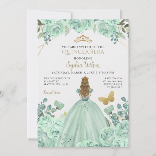Mint Goud Bloemen Prinses Quinceañera Quince Kaart (Voorkant)