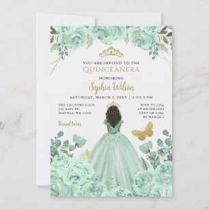 Mint Goud Bloemen Prinses Quinceañera Quince Kaart