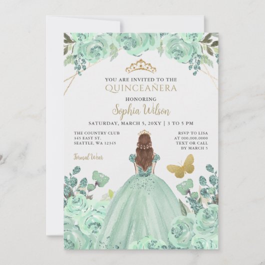 Mint Goud Bloemen Prinses Quinceañera Quince Kaart (Voorkant)