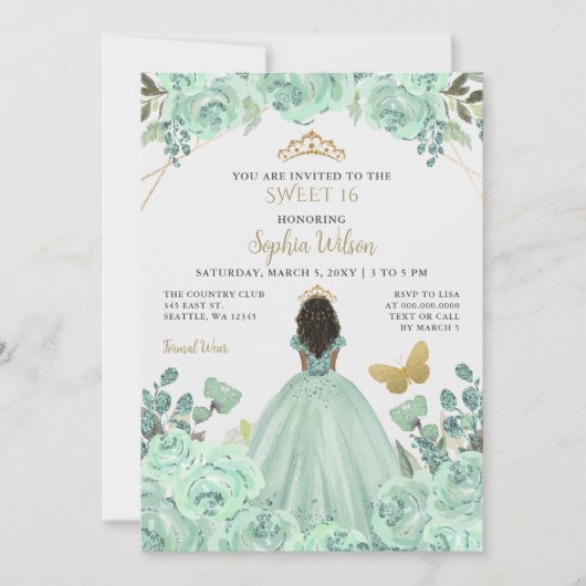 Mint Goud Bloemen Prinses Vlinder Zoet 16 Kaart (Voorkant)
