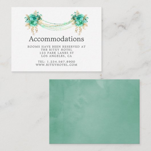 Mint & Goud Bloemenverlichting Trouwaccommodaties Informatiekaartje (Voorkant / Achterkant)