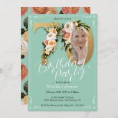 Mint Goud Custom Photo Floral Boho 70e verjaardag Kaart (Voorkant / Achterkant)