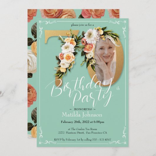 Mint Goud Custom Photo Floral Boho 70e verjaardag Kaart (Voorkant / Achterkant)