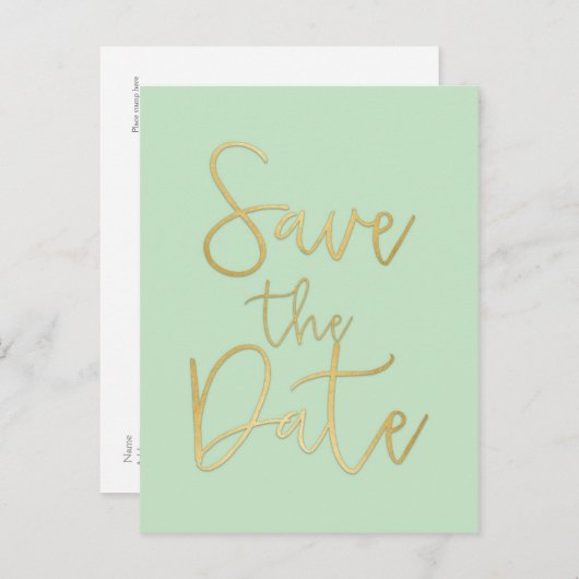Mint & Goud SAVE THE DATE Modern Script Postkaart Aankondigingskaart (Voorkant / Achterkant)