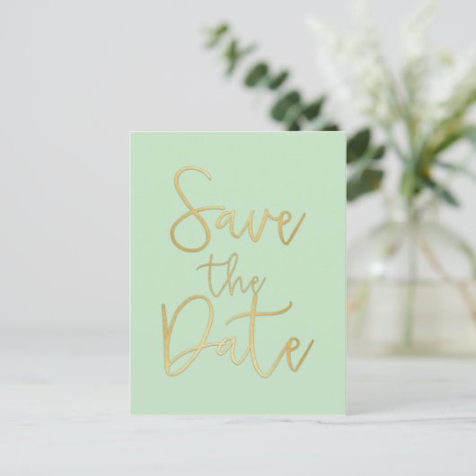 Mint & Goud SAVE THE DATE Modern Script Postkaart Aankondigingskaart (Staand voorkant)