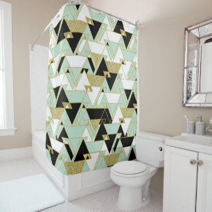 Mint Goud Zwart Wit Boho Glam Driehoeken Patroon Douchegordijn