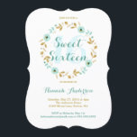 Mint Gouden Bloem Krans Sweet Sixteen Uitnodigen Kaart<br><div class="desc">Mooie waterverf bloemen en gouden bladdesign. Sommige afbeeldingen zijn © Digital Cloud.</div>