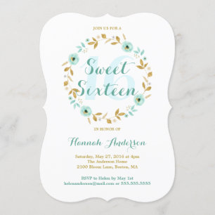 Mint Gouden Bloem Krans Sweet Sixteen Uitnodigen Kaart