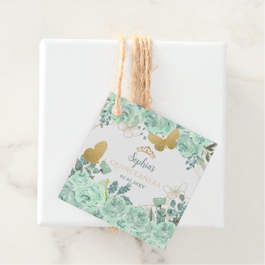 Mint gouden bloemvlinder Quinceañera Bedankjes Labels (In situ)