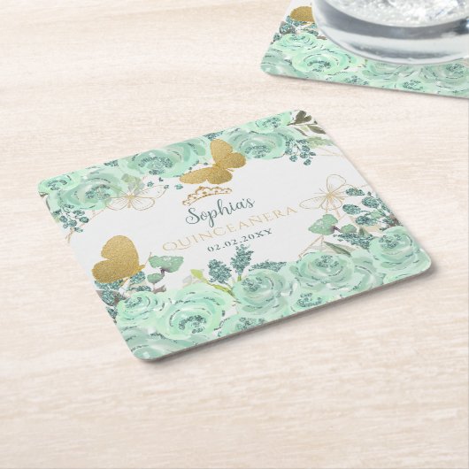 Mint gouden bloemvlinder Quinceañera Kartonnen Onderzetters (Schuin)