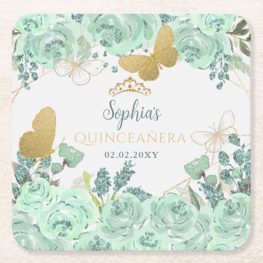 Mint gouden bloemvlinder Quinceañera Kartonnen Onderzetters (Voorkant)