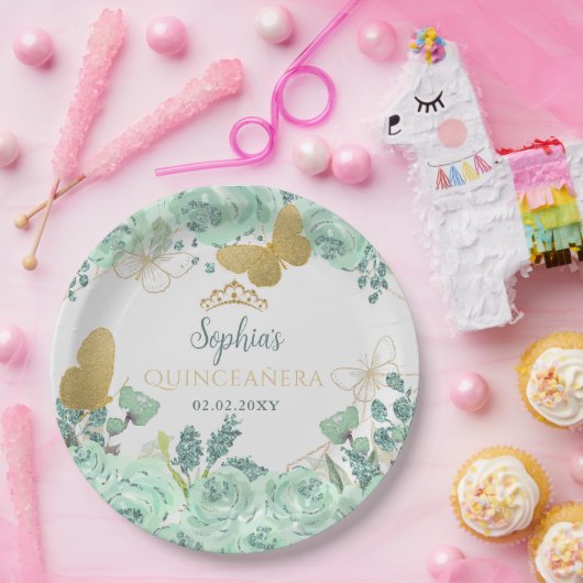 Mint gouden bloemvlinder Quinceañera Papieren Bordje (Feest)