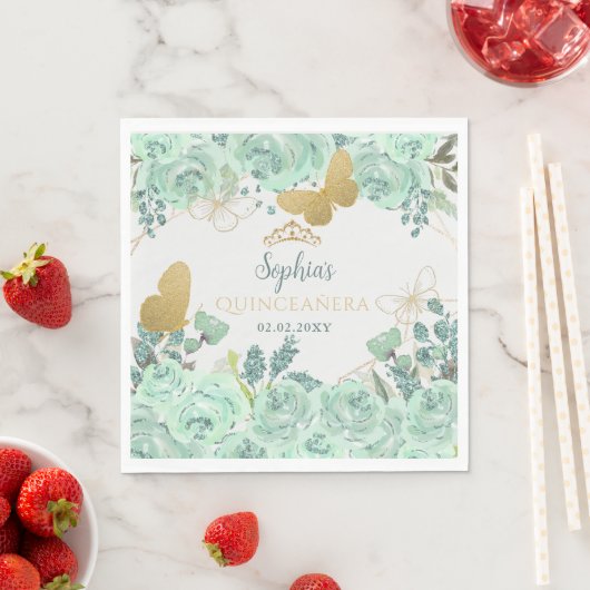 Mint gouden bloemvlinder Quinceañera Servet (Insitu)