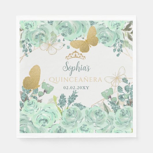 Mint gouden bloemvlinder Quinceañera Servet (Voorkant)
