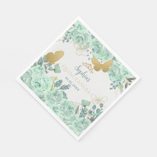 Mint gouden bloemvlinder Quinceañera Servet (Hoek)