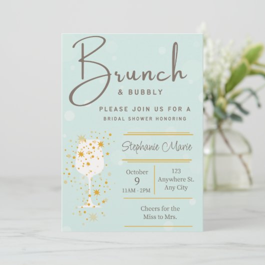 Mint gouden bubbels en brunch douche uitnodiging (Staand voorkant)